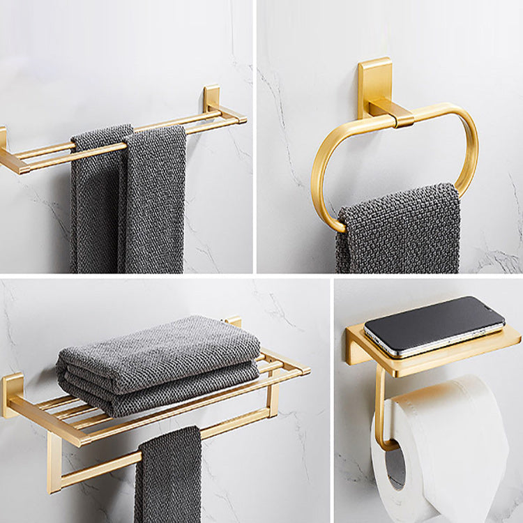 Golden Modern 5-Piece Bathroom Accessory Set Brushed Brass Towel Bar/Paper Holder Clearhalo 'Bathroom Hardware Sets' 'Bathroom Hardware' 'Bathroom Remodel & Bathroom Fixtures' 'bathroom_hardware_sets' 'Home Improvement' 'home_improvement' 'home_improvement_bathroom_hardware_sets' 6588108