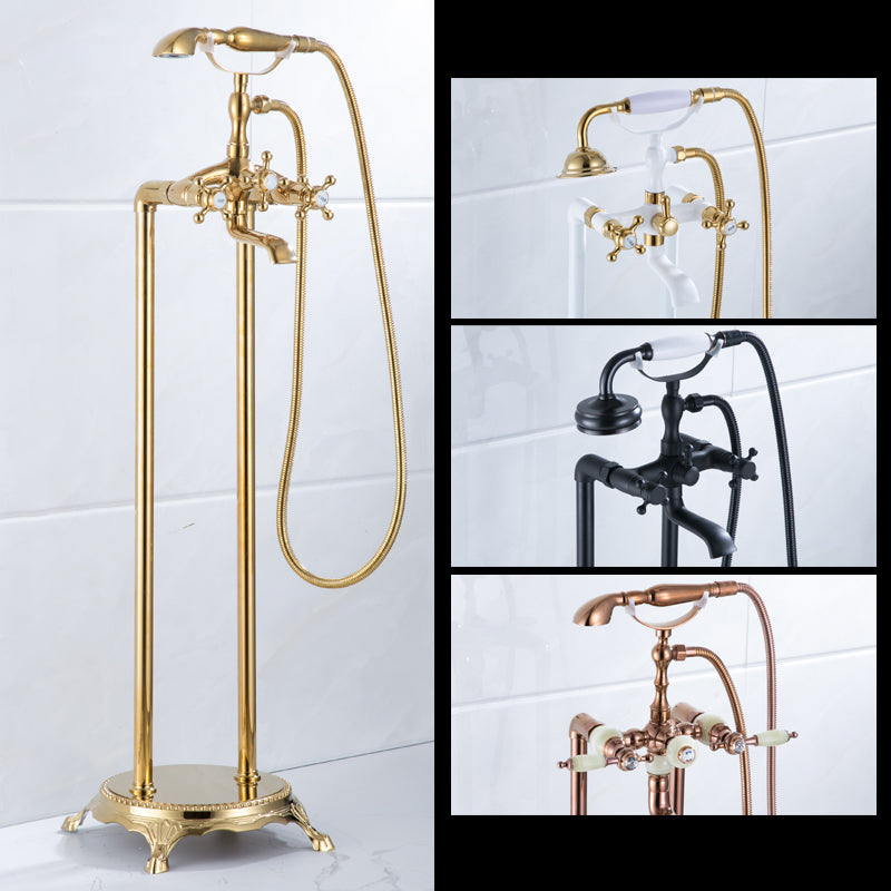 Floor Mounted Metal Clawfoot Tub Faucet Double Handles Freestanding Bathtub Faucet Clearhalo 'Bathroom Remodel & Bathroom Fixtures' 'Bathtub Faucets' 'bathtub_faucets' 'Home Improvement' 'home_improvement' 'home_improvement_bathtub_faucets' 6588178