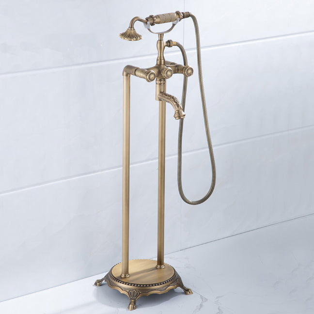 Floor Mounted Metal Clawfoot Tub Faucet Double Handles Freestanding Bathtub Faucet Clearhalo 'Bathroom Remodel & Bathroom Fixtures' 'Bathtub Faucets' 'bathtub_faucets' 'Home Improvement' 'home_improvement' 'home_improvement_bathtub_faucets' 6588180