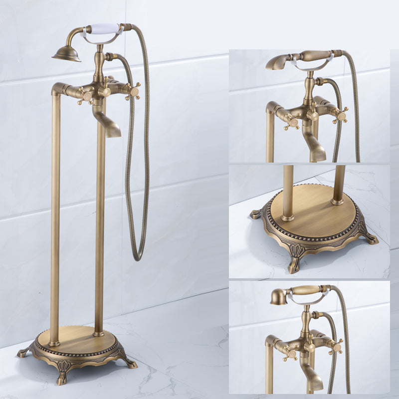 Floor Mounted Metal Clawfoot Tub Faucet Double Handles Freestanding Bathtub Faucet Brass Curved Clearhalo 'Bathroom Remodel & Bathroom Fixtures' 'Bathtub Faucets' 'bathtub_faucets' 'Home Improvement' 'home_improvement' 'home_improvement_bathtub_faucets' 6588185