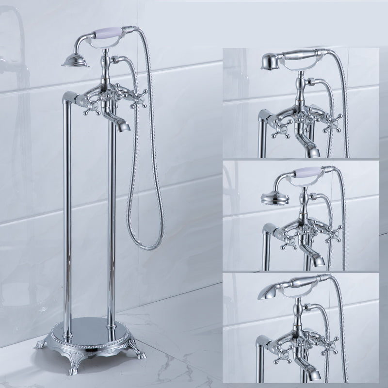 Floor Mounted Metal Clawfoot Tub Faucet Double Handles Freestanding Bathtub Faucet Chrome Curved Clearhalo 'Bathroom Remodel & Bathroom Fixtures' 'Bathtub Faucets' 'bathtub_faucets' 'Home Improvement' 'home_improvement' 'home_improvement_bathtub_faucets' 6588186