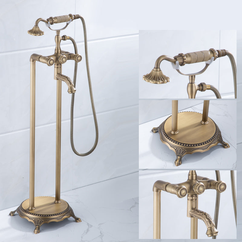 Floor Mounted Metal Clawfoot Tub Faucet Double Handles Freestanding Bathtub Faucet Satin Brass Curved Clearhalo 'Bathroom Remodel & Bathroom Fixtures' 'Bathtub Faucets' 'bathtub_faucets' 'Home Improvement' 'home_improvement' 'home_improvement_bathtub_faucets' 6588188