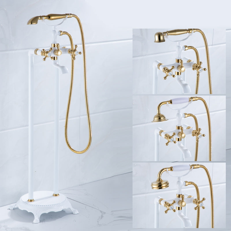 Floor Mounted Metal Clawfoot Tub Faucet Double Handles Freestanding Bathtub Faucet White-Gold Curved Clearhalo 'Bathroom Remodel & Bathroom Fixtures' 'Bathtub Faucets' 'bathtub_faucets' 'Home Improvement' 'home_improvement' 'home_improvement_bathtub_faucets' 6588195