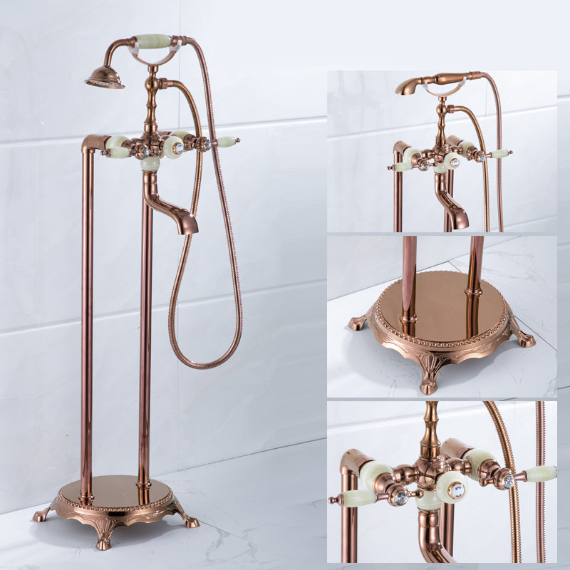 Floor Mounted Metal Clawfoot Tub Faucet Double Handles Freestanding Bathtub Faucet Rose Gold Curved Clearhalo 'Bathroom Remodel & Bathroom Fixtures' 'Bathtub Faucets' 'bathtub_faucets' 'Home Improvement' 'home_improvement' 'home_improvement_bathtub_faucets' 6588200