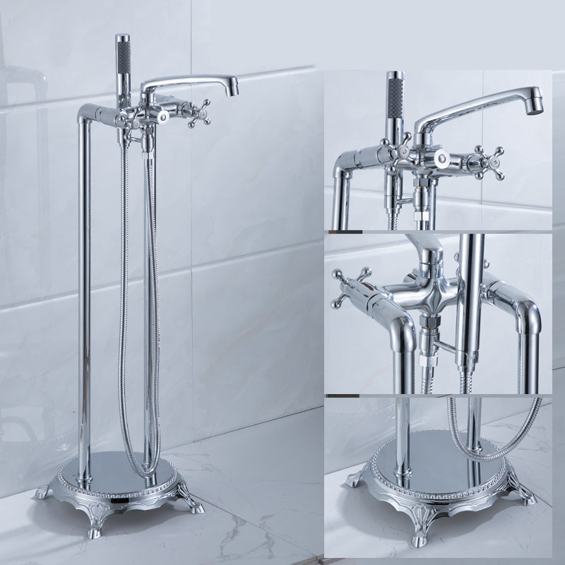Floor Mounted Metal Clawfoot Tub Faucet Double Handles Freestanding Bathtub Faucet Silver Curved Clearhalo 'Bathroom Remodel & Bathroom Fixtures' 'Bathtub Faucets' 'bathtub_faucets' 'Home Improvement' 'home_improvement' 'home_improvement_bathtub_faucets' 6588206