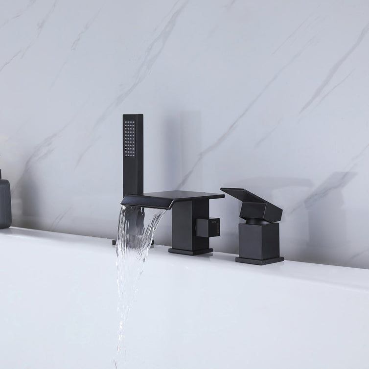 Contemporary Deck Mounted Copper Roman Tub Faucet Low Arc Roman Tub Faucet Set Black 3 Hole Faucets Low Arc Clearhalo 'Bathroom Remodel & Bathroom Fixtures' 'Bathtub Faucets' 'bathtub_faucets' 'Home Improvement' 'home_improvement' 'home_improvement_bathtub_faucets' 6588220