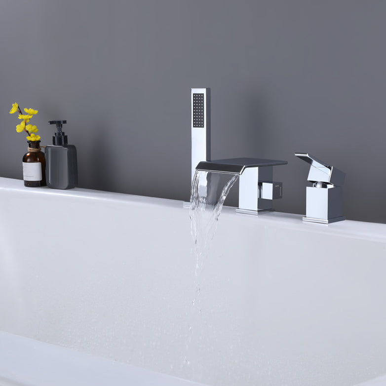 Contemporary Deck Mounted Copper Roman Tub Faucet Low Arc Roman Tub Faucet Set Clearhalo 'Bathroom Remodel & Bathroom Fixtures' 'Bathtub Faucets' 'bathtub_faucets' 'Home Improvement' 'home_improvement' 'home_improvement_bathtub_faucets' 6588223