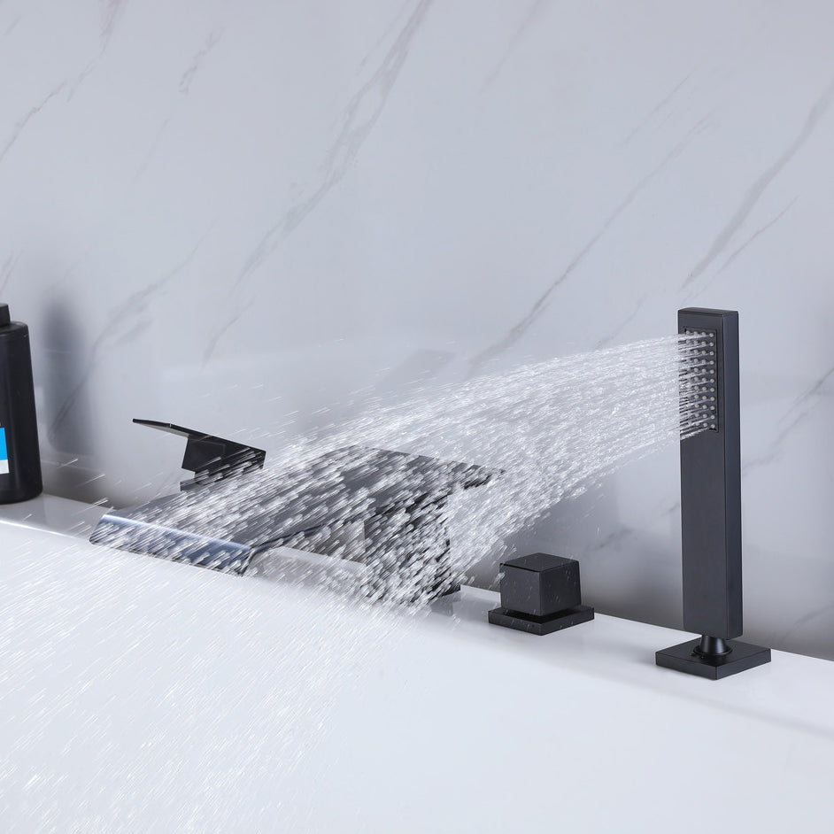 Contemporary Deck Mounted Copper Roman Tub Faucet Low Arc Roman Tub Faucet Set Clearhalo 'Bathroom Remodel & Bathroom Fixtures' 'Bathtub Faucets' 'bathtub_faucets' 'Home Improvement' 'home_improvement' 'home_improvement_bathtub_faucets' 6588235