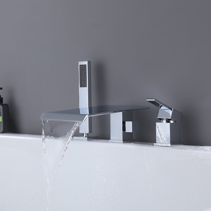 Contemporary Deck Mounted Copper Roman Tub Faucet Low Arc Roman Tub Faucet Set Clearhalo 'Bathroom Remodel & Bathroom Fixtures' 'Bathtub Faucets' 'bathtub_faucets' 'Home Improvement' 'home_improvement' 'home_improvement_bathtub_faucets' 6588239