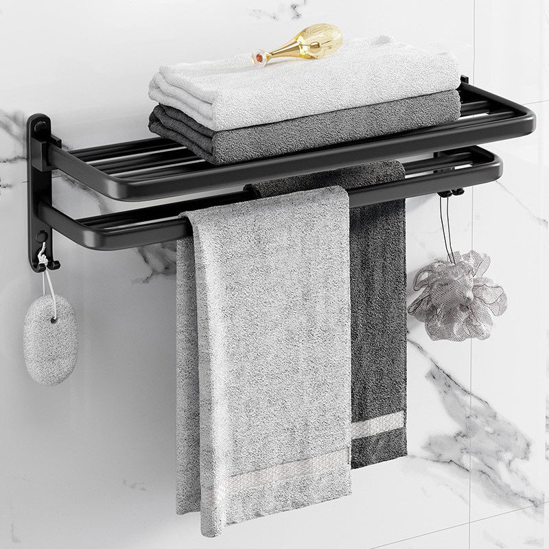 Modern Aluminum Bathroom Accessory Set Matte Black Bath Shelf/Towel Bar/Paper Holder Double Layer Towel Rack (24"L) Clearhalo 'Bathroom Hardware Sets' 'Bathroom Hardware' 'Bathroom Remodel & Bathroom Fixtures' 'bathroom_hardware_sets' 'Home Improvement' 'home_improvement' 'home_improvement_bathroom_hardware_sets' 6590641