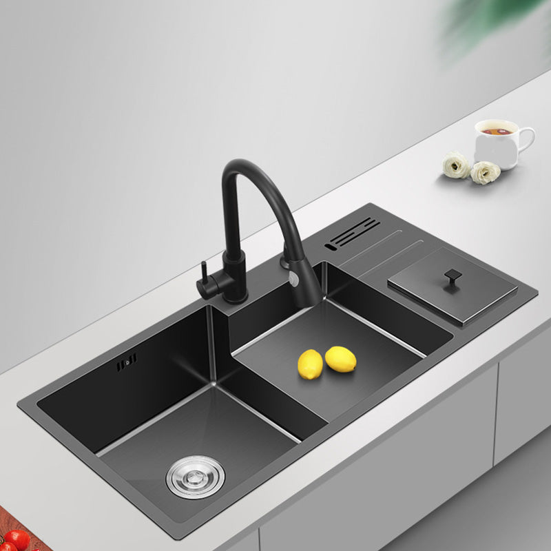 Black Stainless Steel Kitchen Sink 2 Holes Sink with Basket Strainer Clearhalo 'Home Improvement' 'home_improvement' 'home_improvement_kitchen_sinks' 'Kitchen Remodel & Kitchen Fixtures' 'Kitchen Sinks & Faucet Components' 'Kitchen Sinks' 'kitchen_sinks' 6595146