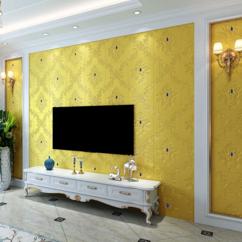 Glam Style Foam Wall Paneling Living Room 3D Embossed Waterproof Wall Paneling Gold Blue 100-Piece Set Clearhalo 'Flooring 'Home Improvement' 'home_improvement' 'home_improvement_wall_paneling' 'Wall Paneling' 'wall_paneling' 'Walls & Ceilings' Walls and Ceiling' 6595785