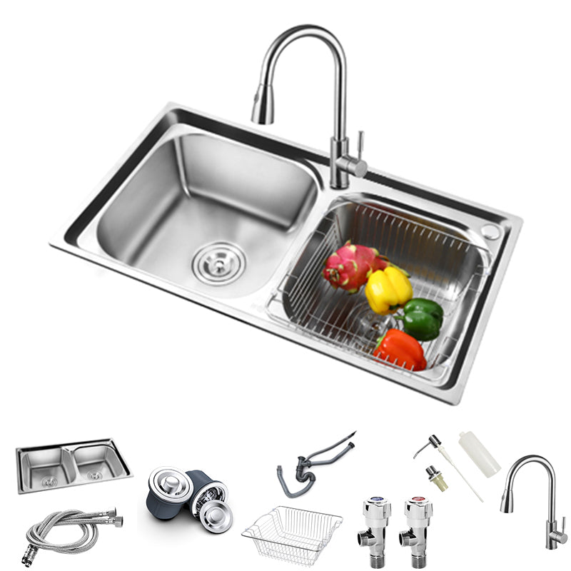 Rectangle 2 Holes Kitchen Sink with Basket Strainer Stainless Steel Double Basin Sink Sink with Faucet Pull Out Faucet Clearhalo 'Home Improvement' 'home_improvement' 'home_improvement_kitchen_sinks' 'Kitchen Remodel & Kitchen Fixtures' 'Kitchen Sinks & Faucet Components' 'Kitchen Sinks' 'kitchen_sinks' 6597494