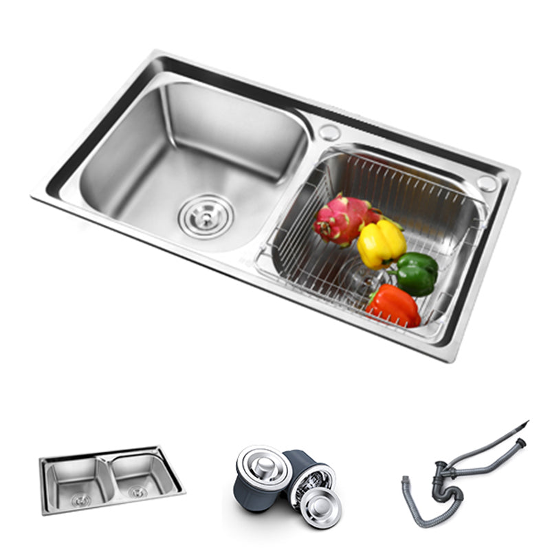 Rectangle 2 Holes Kitchen Sink with Basket Strainer Stainless Steel Double Basin Sink Sink Only None Clearhalo 'Home Improvement' 'home_improvement' 'home_improvement_kitchen_sinks' 'Kitchen Remodel & Kitchen Fixtures' 'Kitchen Sinks & Faucet Components' 'Kitchen Sinks' 'kitchen_sinks' 6597495