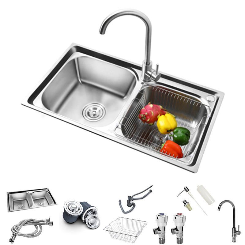 Rectangle 2 Holes Kitchen Sink with Basket Strainer Stainless Steel Double Basin Sink Sink with Faucet Cold and Hot Dual Control Faucet Clearhalo 'Home Improvement' 'home_improvement' 'home_improvement_kitchen_sinks' 'Kitchen Remodel & Kitchen Fixtures' 'Kitchen Sinks & Faucet Components' 'Kitchen Sinks' 'kitchen_sinks' 6597497