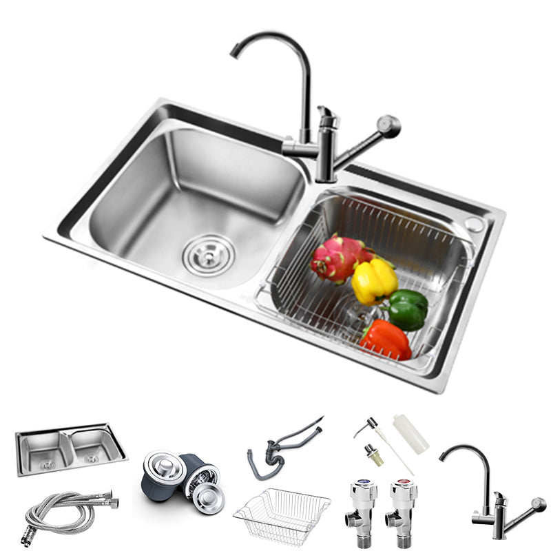 Rectangle 2 Holes Kitchen Sink with Basket Strainer Stainless Steel Double Basin Sink Sink with Faucet Nozzle Faucet Clearhalo 'Home Improvement' 'home_improvement' 'home_improvement_kitchen_sinks' 'Kitchen Remodel & Kitchen Fixtures' 'Kitchen Sinks & Faucet Components' 'Kitchen Sinks' 'kitchen_sinks' 6597500
