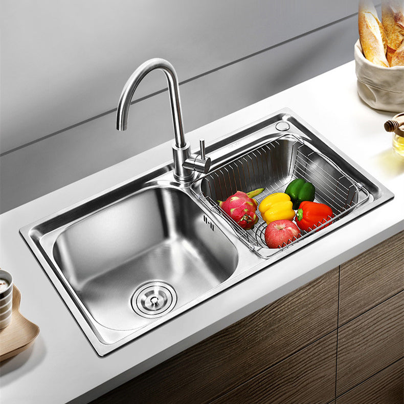 Rectangle 2 Holes Kitchen Sink with Basket Strainer Stainless Steel Double Basin Sink 32"L x 17"W x 8"H Sink with Faucet Cold and Hot Dual Control Faucet Clearhalo 'Home Improvement' 'home_improvement' 'home_improvement_kitchen_sinks' 'Kitchen Remodel & Kitchen Fixtures' 'Kitchen Sinks & Faucet Components' 'Kitchen Sinks' 'kitchen_sinks' 6597510
