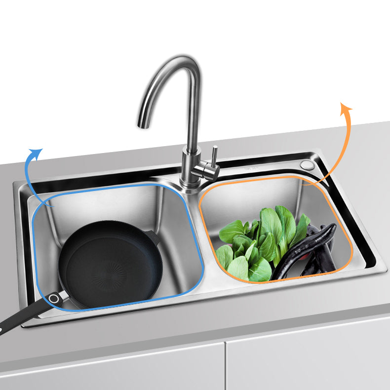 Rectangle 2 Holes Kitchen Sink with Basket Strainer Stainless Steel Double Basin Sink Clearhalo 'Home Improvement' 'home_improvement' 'home_improvement_kitchen_sinks' 'Kitchen Remodel & Kitchen Fixtures' 'Kitchen Sinks & Faucet Components' 'Kitchen Sinks' 'kitchen_sinks' 6597511