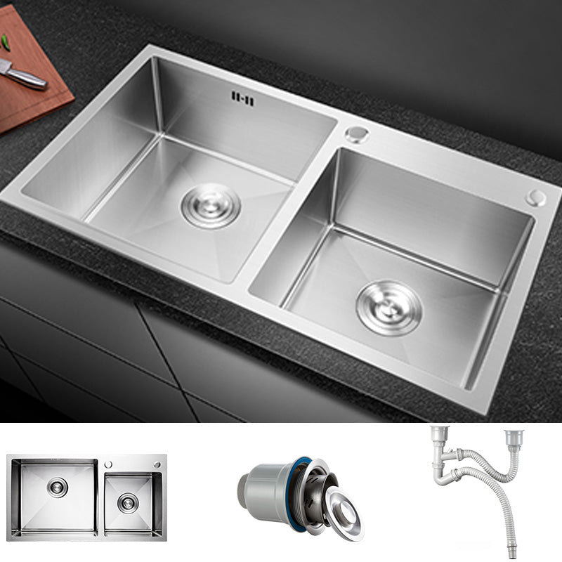 Contemporary Stainless Steel Kitchen Sink Double Basin Sink with Drain Assembly Sink Only None Clearhalo 'Home Improvement' 'home_improvement' 'home_improvement_kitchen_sinks' 'Kitchen Remodel & Kitchen Fixtures' 'Kitchen Sinks & Faucet Components' 'Kitchen Sinks' 'kitchen_sinks' 6597584