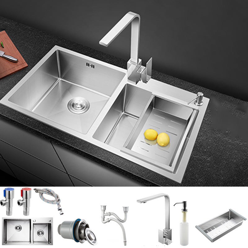 Contemporary Stainless Steel Kitchen Sink Double Basin Sink with Drain Assembly Sink with Faucet Square Faucet Clearhalo 'Home Improvement' 'home_improvement' 'home_improvement_kitchen_sinks' 'Kitchen Remodel & Kitchen Fixtures' 'Kitchen Sinks & Faucet Components' 'Kitchen Sinks' 'kitchen_sinks' 6597585