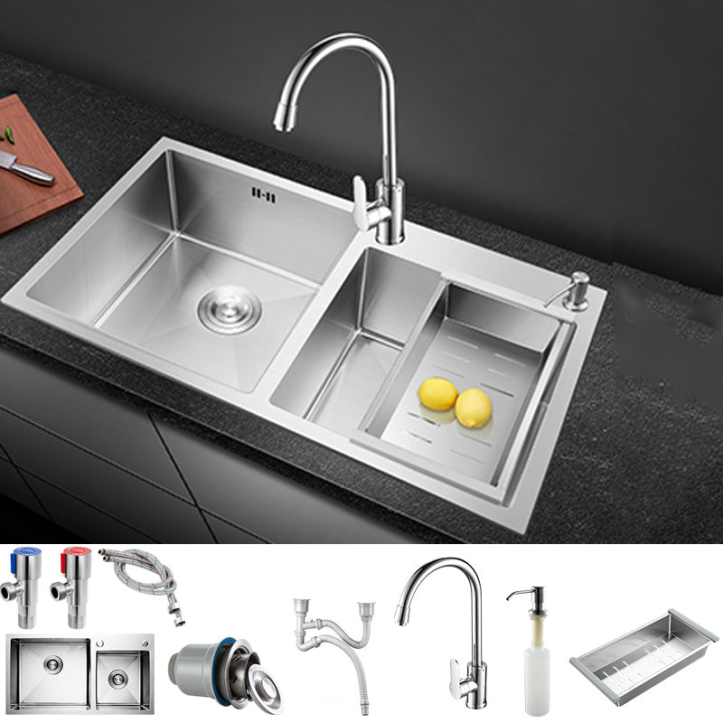 Contemporary Stainless Steel Kitchen Sink Double Basin Sink with Drain Assembly Sink with Faucet Round Faucet Clearhalo 'Home Improvement' 'home_improvement' 'home_improvement_kitchen_sinks' 'Kitchen Remodel & Kitchen Fixtures' 'Kitchen Sinks & Faucet Components' 'Kitchen Sinks' 'kitchen_sinks' 6597588