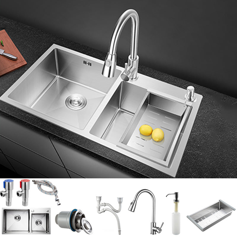 Contemporary Stainless Steel Kitchen Sink Double Basin Sink with Drain Assembly Sink with Faucet Pull Out Faucet Clearhalo 'Home Improvement' 'home_improvement' 'home_improvement_kitchen_sinks' 'Kitchen Remodel & Kitchen Fixtures' 'Kitchen Sinks & Faucet Components' 'Kitchen Sinks' 'kitchen_sinks' 6597590