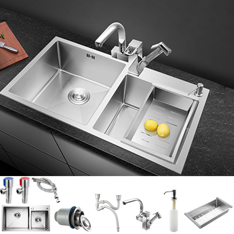 Contemporary Stainless Steel Kitchen Sink Double Basin Sink with Drain Assembly Sink with Faucet Spray Gun Faucet Clearhalo 'Home Improvement' 'home_improvement' 'home_improvement_kitchen_sinks' 'Kitchen Remodel & Kitchen Fixtures' 'Kitchen Sinks & Faucet Components' 'Kitchen Sinks' 'kitchen_sinks' 6597592