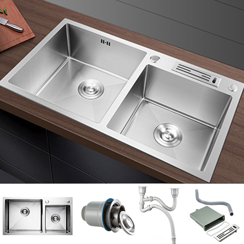 Contemporary Stainless Steel Kitchen Sink Double Basin Sink with Drain Assembly 31"L x 18"W x 8"H Sink Only None Clearhalo 'Home Improvement' 'home_improvement' 'home_improvement_kitchen_sinks' 'Kitchen Remodel & Kitchen Fixtures' 'Kitchen Sinks & Faucet Components' 'Kitchen Sinks' 'kitchen_sinks' 6597594