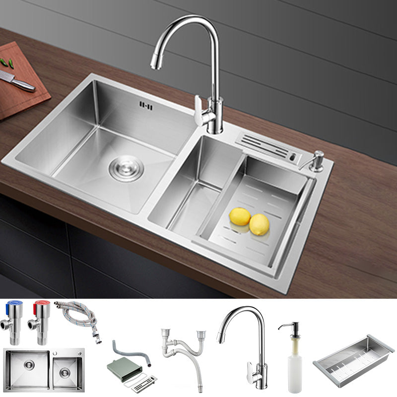 Contemporary Stainless Steel Kitchen Sink Double Basin Sink with Drain Assembly 31"L x 18"W x 8"H Sink with Faucet Round Faucet Clearhalo 'Home Improvement' 'home_improvement' 'home_improvement_kitchen_sinks' 'Kitchen Remodel & Kitchen Fixtures' 'Kitchen Sinks & Faucet Components' 'Kitchen Sinks' 'kitchen_sinks' 6597597