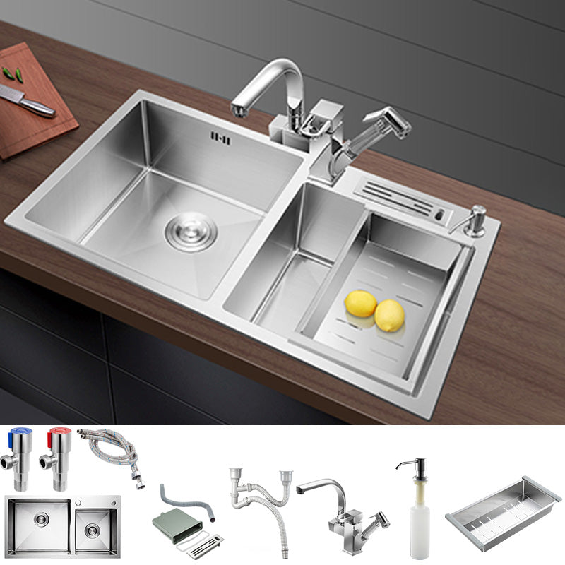 Contemporary Stainless Steel Kitchen Sink Double Basin Sink with Drain Assembly 31"L x 18"W x 8"H Sink with Faucet Spray Gun Faucet Clearhalo 'Home Improvement' 'home_improvement' 'home_improvement_kitchen_sinks' 'Kitchen Remodel & Kitchen Fixtures' 'Kitchen Sinks & Faucet Components' 'Kitchen Sinks' 'kitchen_sinks' 6597598