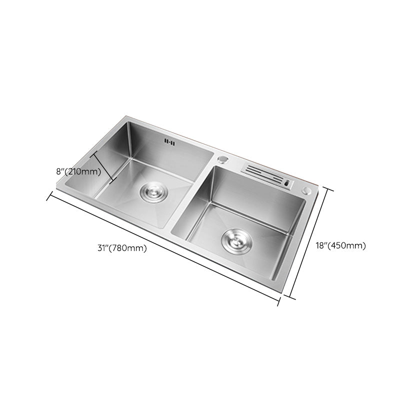 Contemporary Stainless Steel Kitchen Sink Double Basin Sink with Drain Assembly Clearhalo 'Home Improvement' 'home_improvement' 'home_improvement_kitchen_sinks' 'Kitchen Remodel & Kitchen Fixtures' 'Kitchen Sinks & Faucet Components' 'Kitchen Sinks' 'kitchen_sinks' 6597604