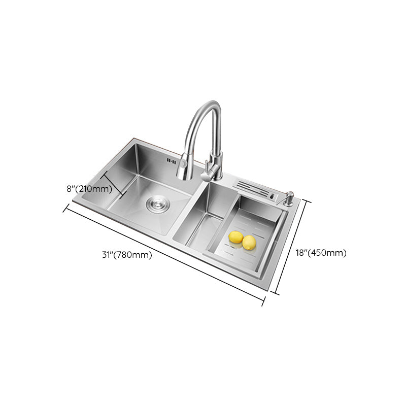 Contemporary Stainless Steel Kitchen Sink Double Basin Sink with Drain Assembly Clearhalo 'Home Improvement' 'home_improvement' 'home_improvement_kitchen_sinks' 'Kitchen Remodel & Kitchen Fixtures' 'Kitchen Sinks & Faucet Components' 'Kitchen Sinks' 'kitchen_sinks' 6597615