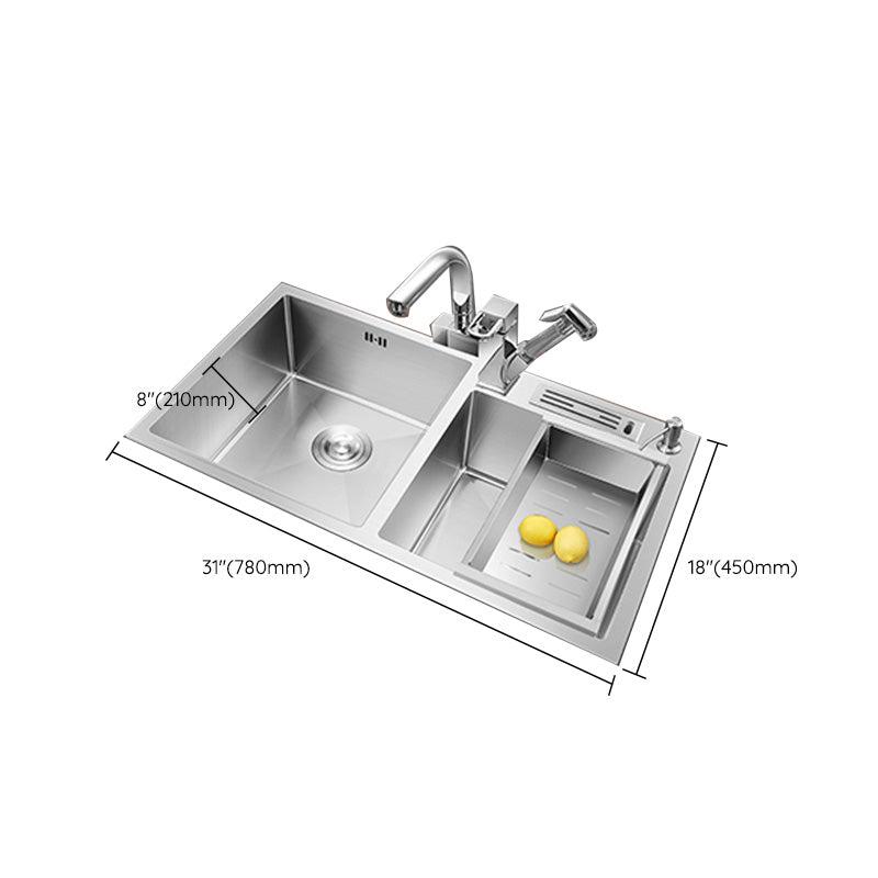 Contemporary Stainless Steel Kitchen Sink Double Basin Sink with Drain Assembly Clearhalo 'Home Improvement' 'home_improvement' 'home_improvement_kitchen_sinks' 'Kitchen Remodel & Kitchen Fixtures' 'Kitchen Sinks & Faucet Components' 'Kitchen Sinks' 'kitchen_sinks' 6597625