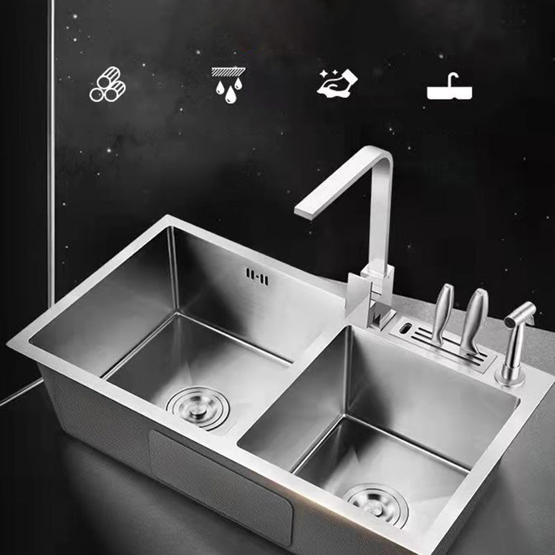 Double Basin Kitchen Sink Contemporary with Drain Assembly Sink 28"L x 16"W x 8"H Sink with Faucet Square Faucet Clearhalo 'Home Improvement' 'home_improvement' 'home_improvement_kitchen_sinks' 'Kitchen Remodel & Kitchen Fixtures' 'Kitchen Sinks & Faucet Components' 'Kitchen Sinks' 'kitchen_sinks' 6597722