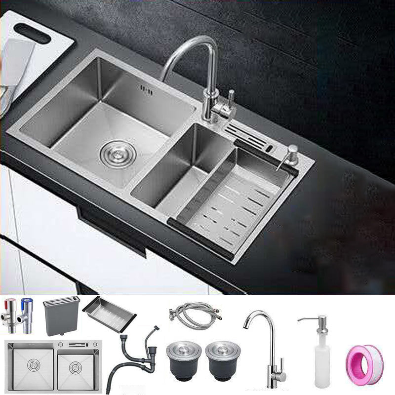 Double Basin Kitchen Sink Contemporary with Drain Assembly Sink Sink with Faucet Gooseneck/High Arc Clearhalo 'Home Improvement' 'home_improvement' 'home_improvement_kitchen_sinks' 'Kitchen Remodel & Kitchen Fixtures' 'Kitchen Sinks & Faucet Components' 'Kitchen Sinks' 'kitchen_sinks' 6597725