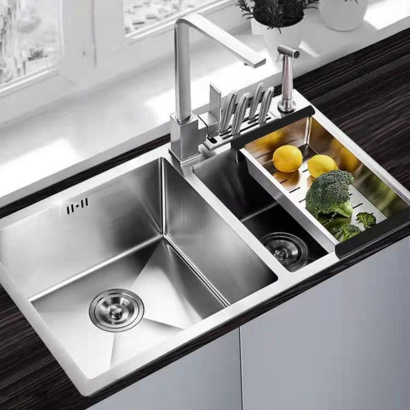 Double Basin Kitchen Sink Contemporary with Drain Assembly Sink Clearhalo 'Home Improvement' 'home_improvement' 'home_improvement_kitchen_sinks' 'Kitchen Remodel & Kitchen Fixtures' 'Kitchen Sinks & Faucet Components' 'Kitchen Sinks' 'kitchen_sinks' 6597726