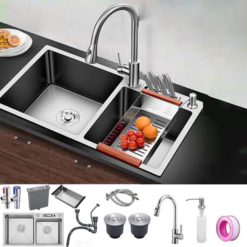 Double Basin Kitchen Sink Contemporary with Drain Assembly Sink Sink with Faucet Pull Out Faucet Clearhalo 'Home Improvement' 'home_improvement' 'home_improvement_kitchen_sinks' 'Kitchen Remodel & Kitchen Fixtures' 'Kitchen Sinks & Faucet Components' 'Kitchen Sinks' 'kitchen_sinks' 6597727