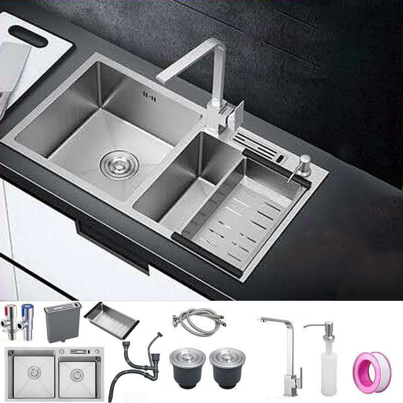 Double Basin Kitchen Sink Contemporary with Drain Assembly Sink Sink with Faucet Square Faucet Clearhalo 'Home Improvement' 'home_improvement' 'home_improvement_kitchen_sinks' 'Kitchen Remodel & Kitchen Fixtures' 'Kitchen Sinks & Faucet Components' 'Kitchen Sinks' 'kitchen_sinks' 6597728