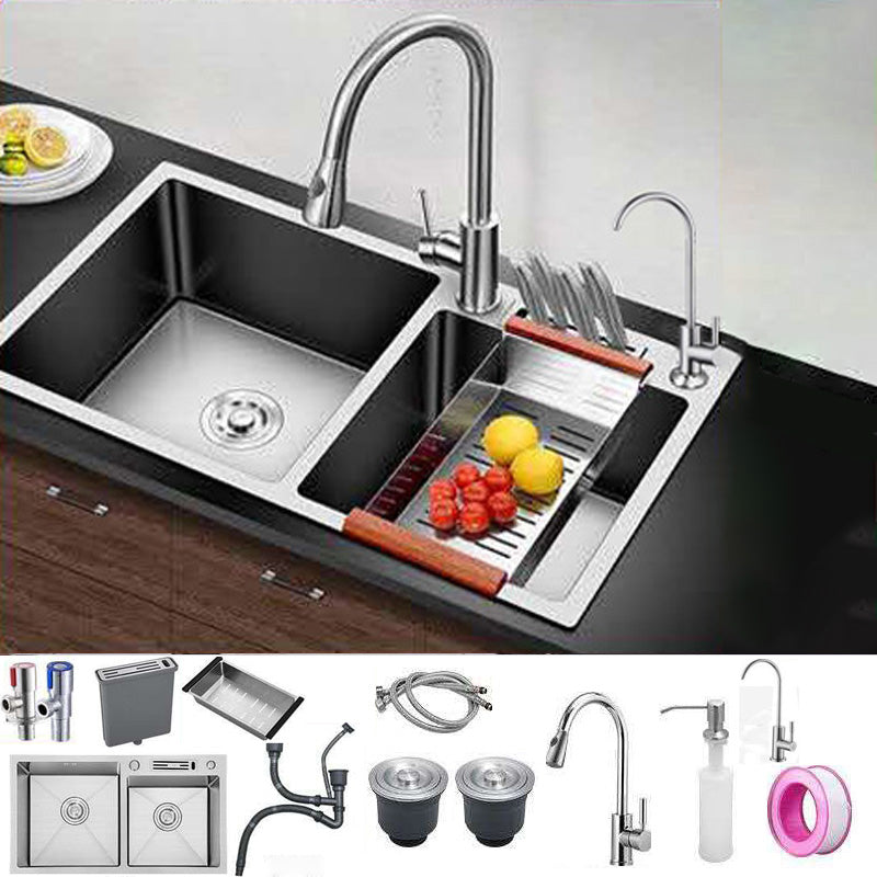 Double Basin Kitchen Sink Contemporary with Drain Assembly Sink Sink with Faucet Double Tap for Water Purification Clearhalo 'Home Improvement' 'home_improvement' 'home_improvement_kitchen_sinks' 'Kitchen Remodel & Kitchen Fixtures' 'Kitchen Sinks & Faucet Components' 'Kitchen Sinks' 'kitchen_sinks' 6597731