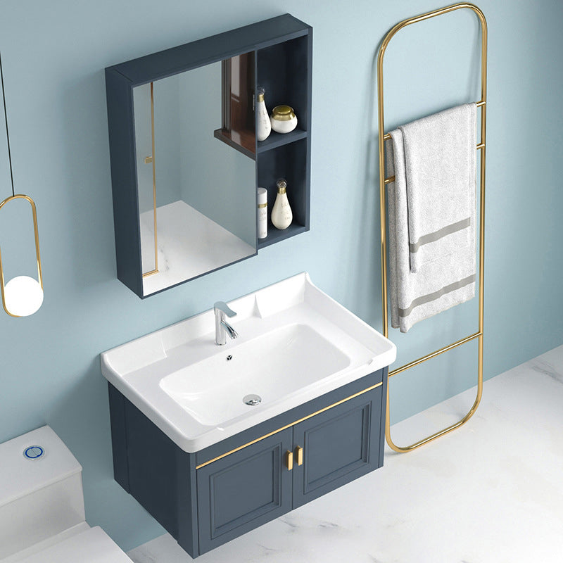 Blue Rectangle Vanity Set Metal Frame Wall-Mounted 2 Doors Mirror Single Sink Bath Vanity Clearhalo 'Bathroom Remodel & Bathroom Fixtures' 'Bathroom Vanities' 'bathroom_vanities' 'Home Improvement' 'home_improvement' 'home_improvement_bathroom_vanities' 6597884