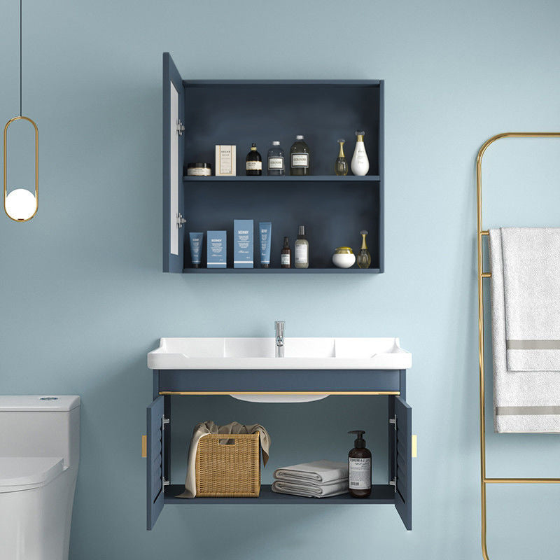 Blue Rectangle Vanity Set Metal Frame Wall-Mounted 2 Doors Mirror Single Sink Bath Vanity Clearhalo 'Bathroom Remodel & Bathroom Fixtures' 'Bathroom Vanities' 'bathroom_vanities' 'Home Improvement' 'home_improvement' 'home_improvement_bathroom_vanities' 6597886