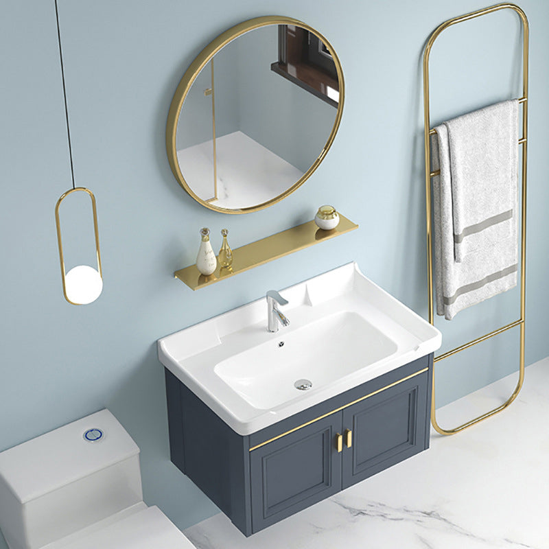 Blue Rectangle Vanity Set Metal Frame Wall-Mounted 2 Doors Mirror Single Sink Bath Vanity Clearhalo 'Bathroom Remodel & Bathroom Fixtures' 'Bathroom Vanities' 'bathroom_vanities' 'Home Improvement' 'home_improvement' 'home_improvement_bathroom_vanities' 6597887