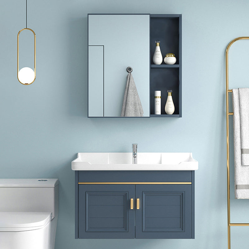 Blue Rectangle Vanity Set Metal Frame Wall-Mounted 2 Doors Mirror Single Sink Bath Vanity Clearhalo 'Bathroom Remodel & Bathroom Fixtures' 'Bathroom Vanities' 'bathroom_vanities' 'Home Improvement' 'home_improvement' 'home_improvement_bathroom_vanities' 6597889