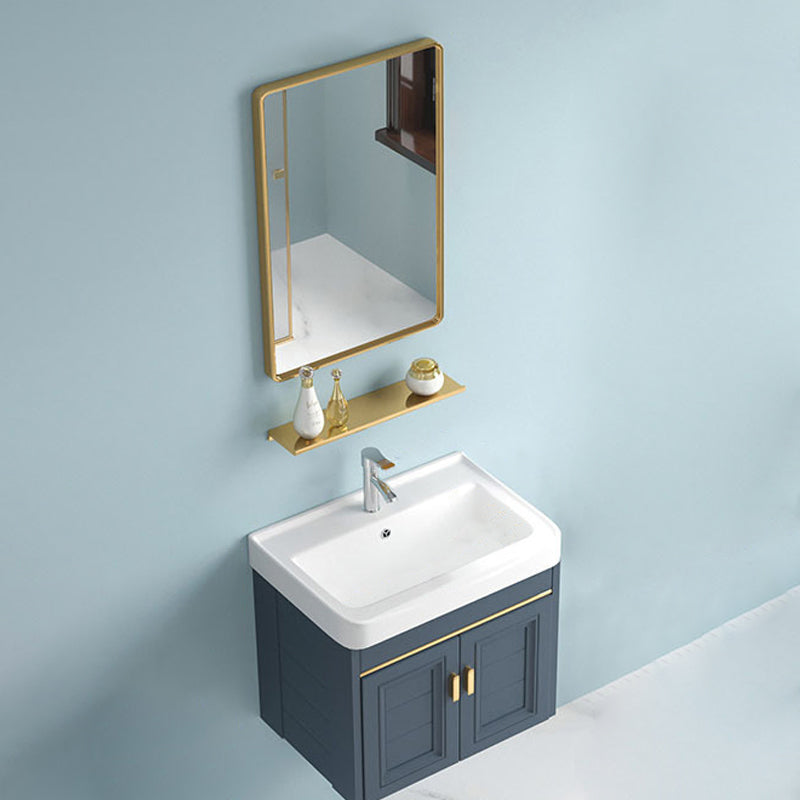 Blue Rectangle Vanity Set Metal Frame Wall-Mounted 2 Doors Mirror Single Sink Bath Vanity Vanity & Faucet & Square Mirror 20"L x 14"W x 16"H Towel Bar Not Included Clearhalo 'Bathroom Remodel & Bathroom Fixtures' 'Bathroom Vanities' 'bathroom_vanities' 'Home Improvement' 'home_improvement' 'home_improvement_bathroom_vanities' 6597892