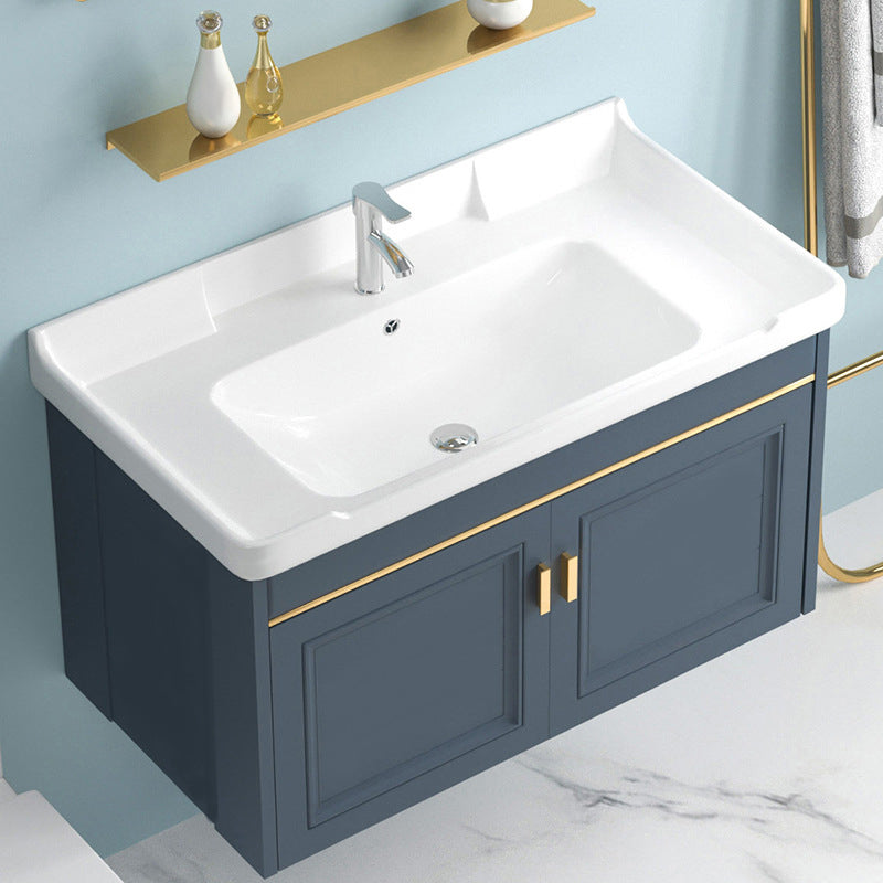 Blue Rectangle Vanity Set Metal Frame Wall-Mounted 2 Doors Mirror Single Sink Bath Vanity Clearhalo 'Bathroom Remodel & Bathroom Fixtures' 'Bathroom Vanities' 'bathroom_vanities' 'Home Improvement' 'home_improvement' 'home_improvement_bathroom_vanities' 6597894