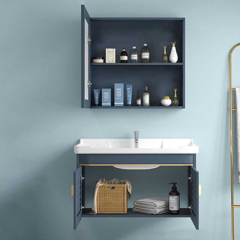 Blue Rectangle Vanity Set Metal Frame Wall-Mounted 2 Doors Mirror Single Sink Bath Vanity Clearhalo 'Bathroom Remodel & Bathroom Fixtures' 'Bathroom Vanities' 'bathroom_vanities' 'Home Improvement' 'home_improvement' 'home_improvement_bathroom_vanities' 6597904