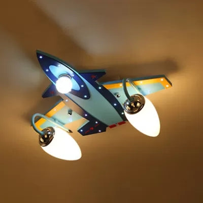 Cool Blue Ceiling Mount Light Fighter Airplane Wood & Glass Ceiling Lamp for Kid Bedroom Clearhalo 'Ceiling Lights' 'Close To Ceiling Lights' 'Close to ceiling' 'Flush mount' Lighting' 66010