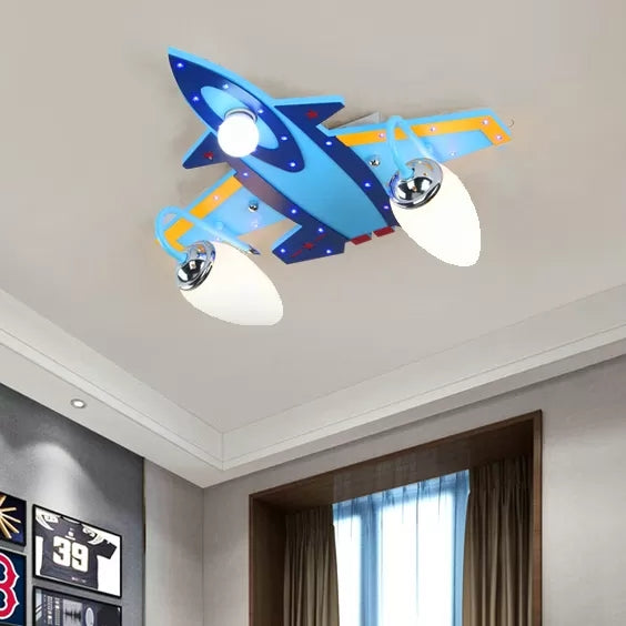 Cool Blue Ceiling Mount Light Fighter Airplane Wood & Glass Ceiling Lamp for Kid Bedroom Clearhalo 'Ceiling Lights' 'Close To Ceiling Lights' 'Close to ceiling' 'Flush mount' Lighting' 66011