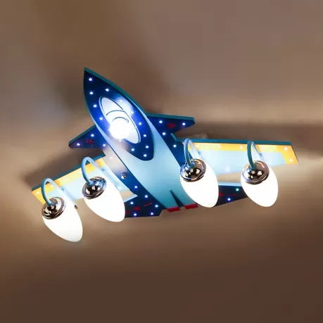 Cool Blue Ceiling Mount Light Fighter Airplane Wood & Glass Ceiling Lamp for Kid Bedroom Clearhalo 'Ceiling Lights' 'Close To Ceiling Lights' 'Close to ceiling' 'Flush mount' Lighting' 66016