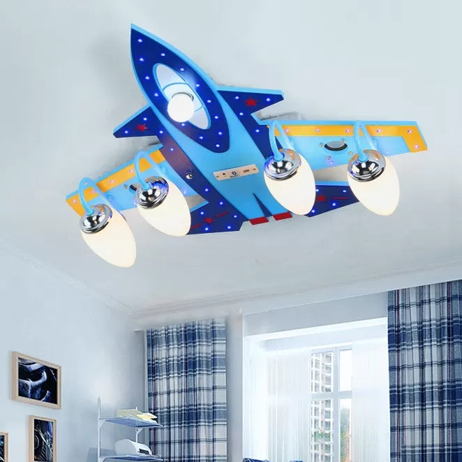 Cool Blue Ceiling Mount Light Fighter Airplane Wood & Glass Ceiling Lamp for Kid Bedroom Clearhalo 'Ceiling Lights' 'Close To Ceiling Lights' 'Close to ceiling' 'Flush mount' Lighting' 66017